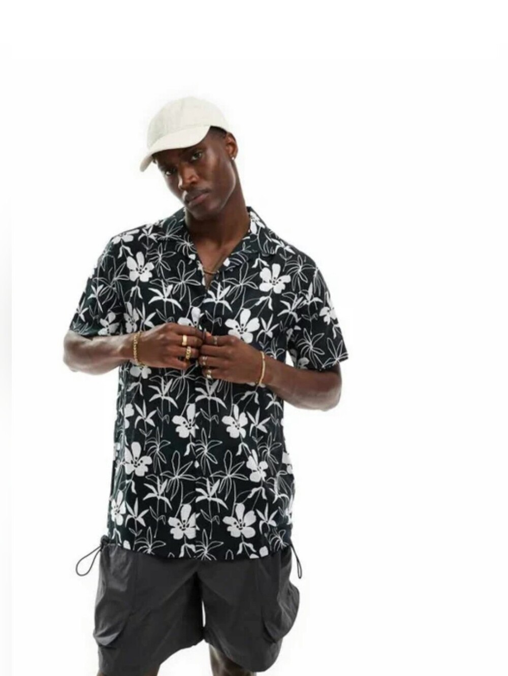 ASOS Design Men's Floral Print Button Down Shirt Size XL Black White 0077